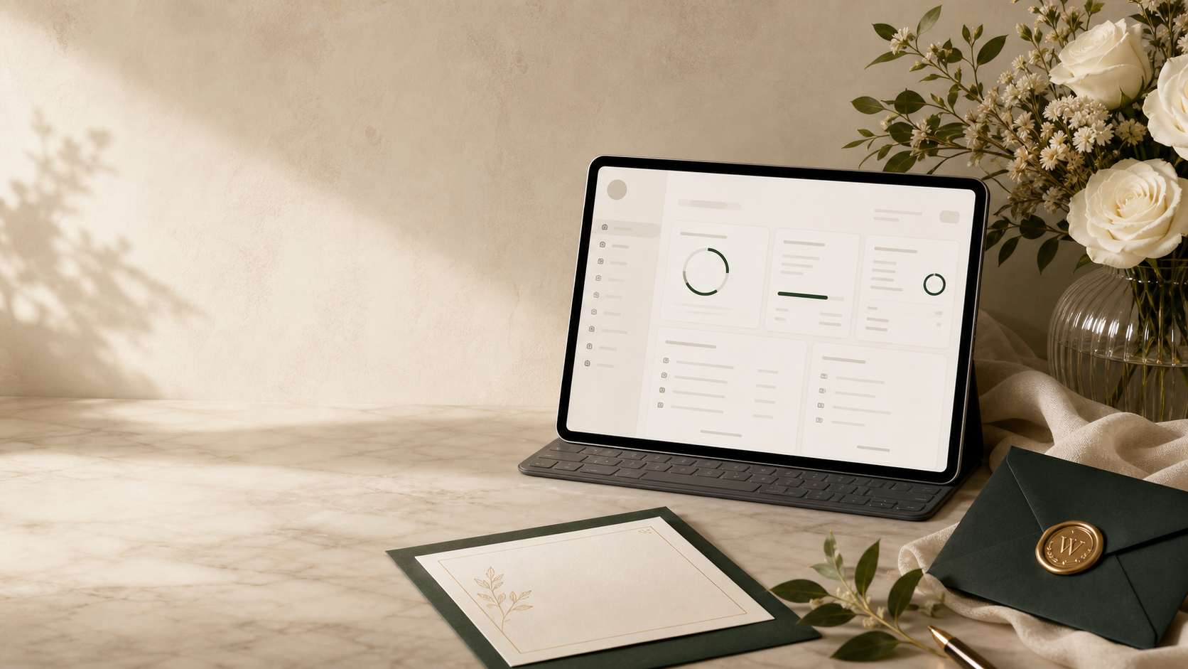 A calm premium wedding planning scene